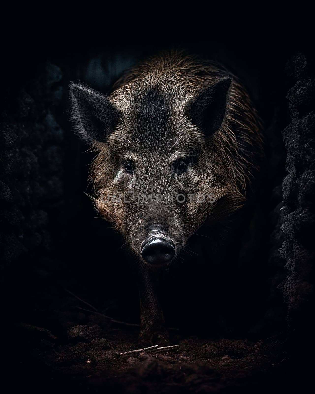 Wild boar emerges from the dark, intense gaze.