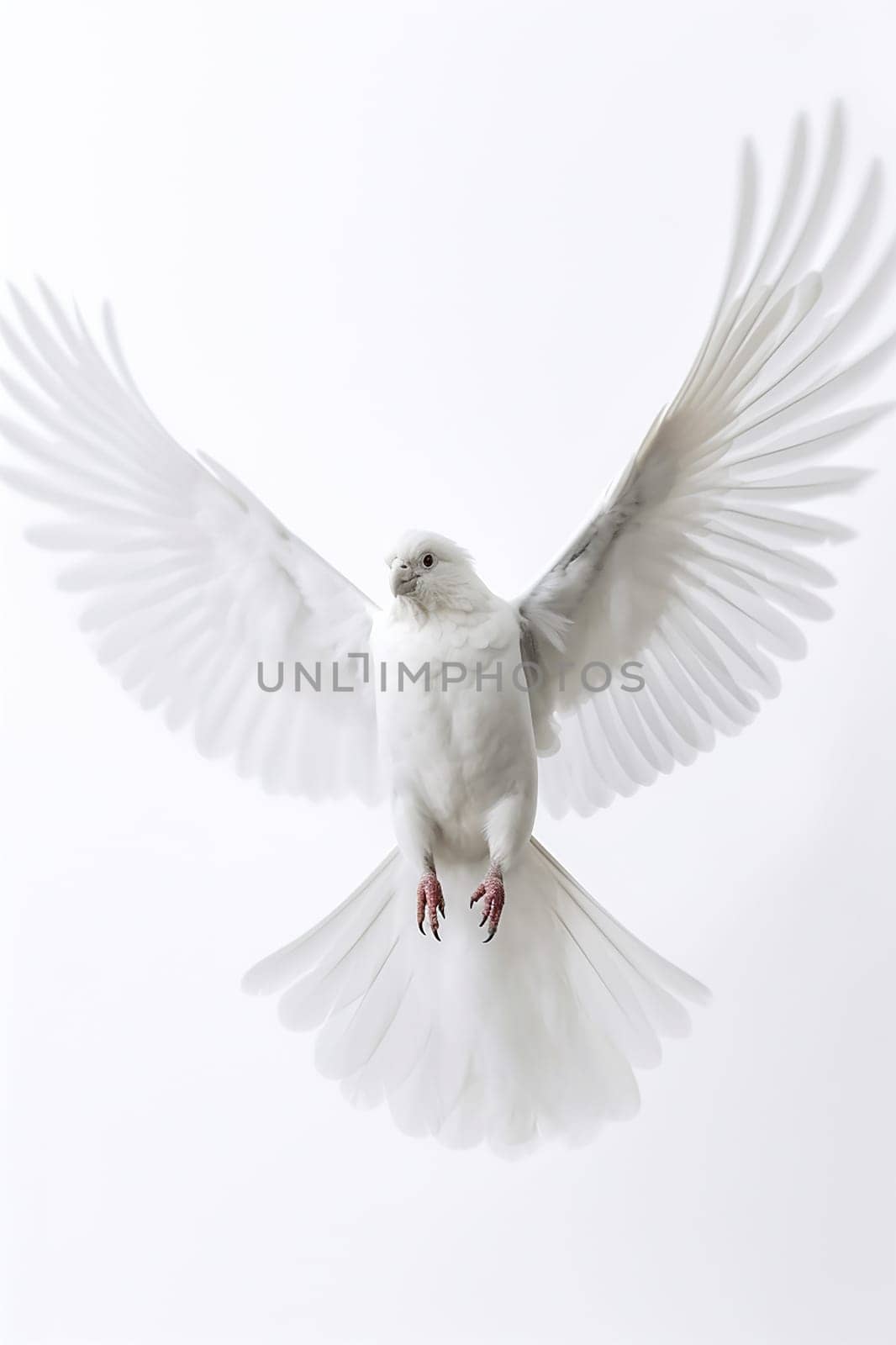 White dove in flight against a clean white background