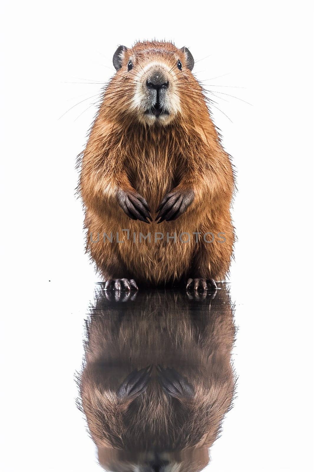 Beaver standing with reflection on white background