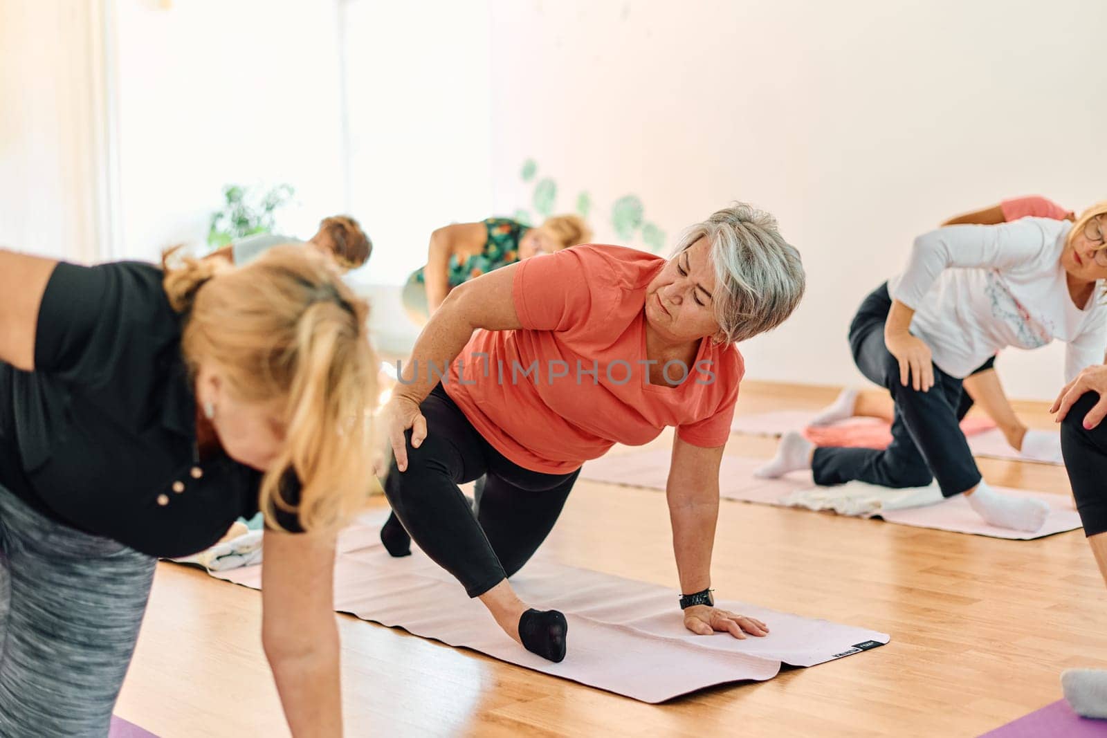 A group of senior women engage in various yoga exercises, including neck, back, and leg stretches, under the guidance of a trainer in a sunlit space, promoting well-being and harmony by dotshock