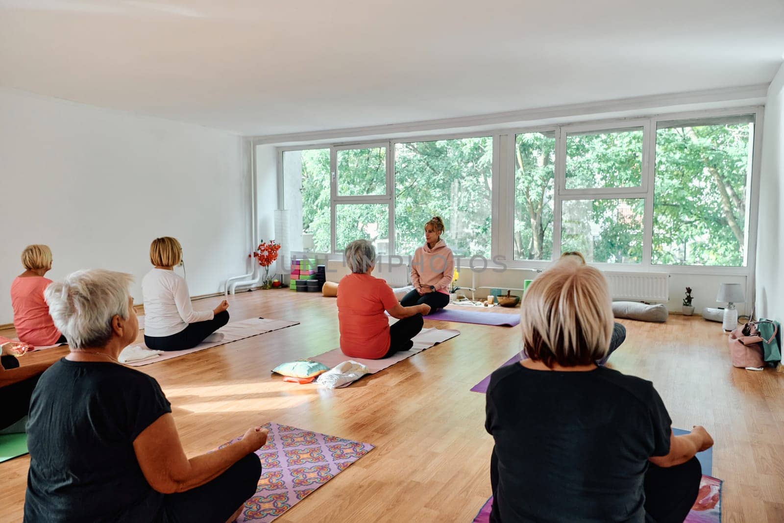 A group of senior women engage in various yoga exercises, including neck, back, and leg stretches, under the guidance of a trainer in a sunlit space, promoting well-being and harmony by dotshock