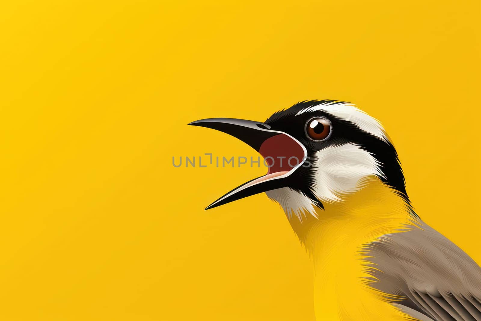 Colorful Wildlife Portrait: Black and White Penguin with Colorful Feathered Beak, Perched on a Branch, Isolated on Green Tropical Island Background