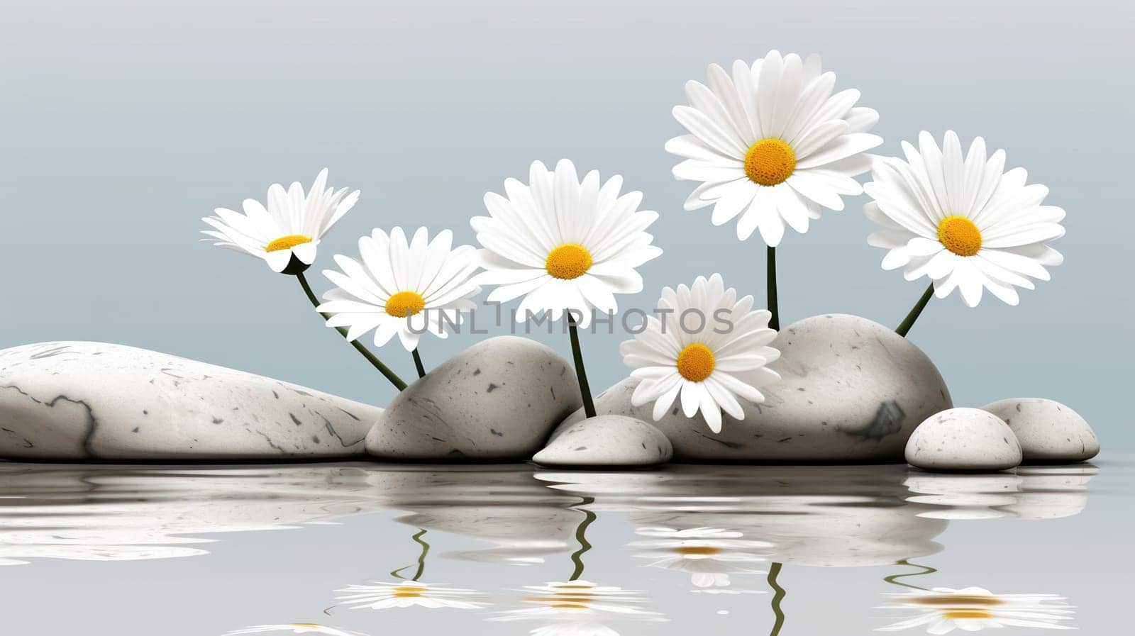 Serenity in Nature: Zen Reflection of a Yellow Daisy in a Peaceful Summer Garden