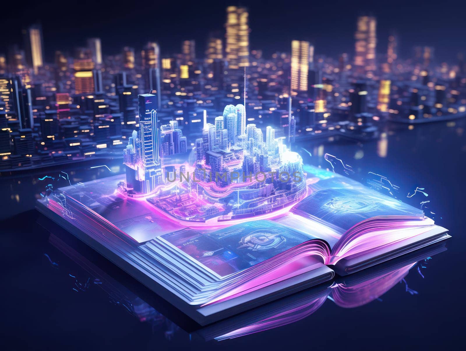 Connected City: A Futuristic Network of Smart Skyscrapers Illuminated with Neon Lights in the Vibrant Cityscape