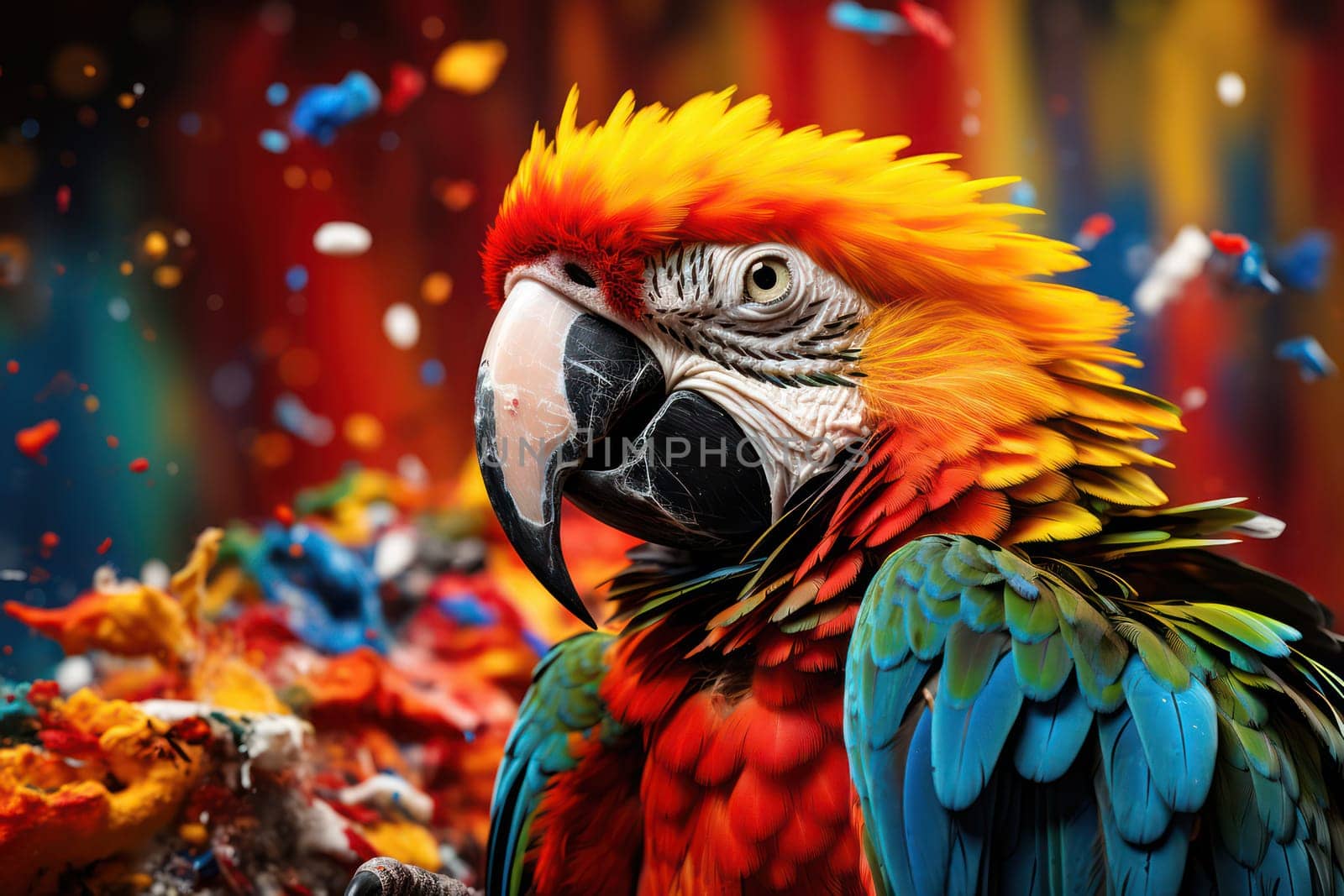 Vibrant Feathers: A Colorful Macaw Parrot with Vivid Plumage and Stunning Blue, Green, and Yellow Feathers - Portrait of a Beautiful Exotic Bird in the Tropical Rainforest by Vichizh