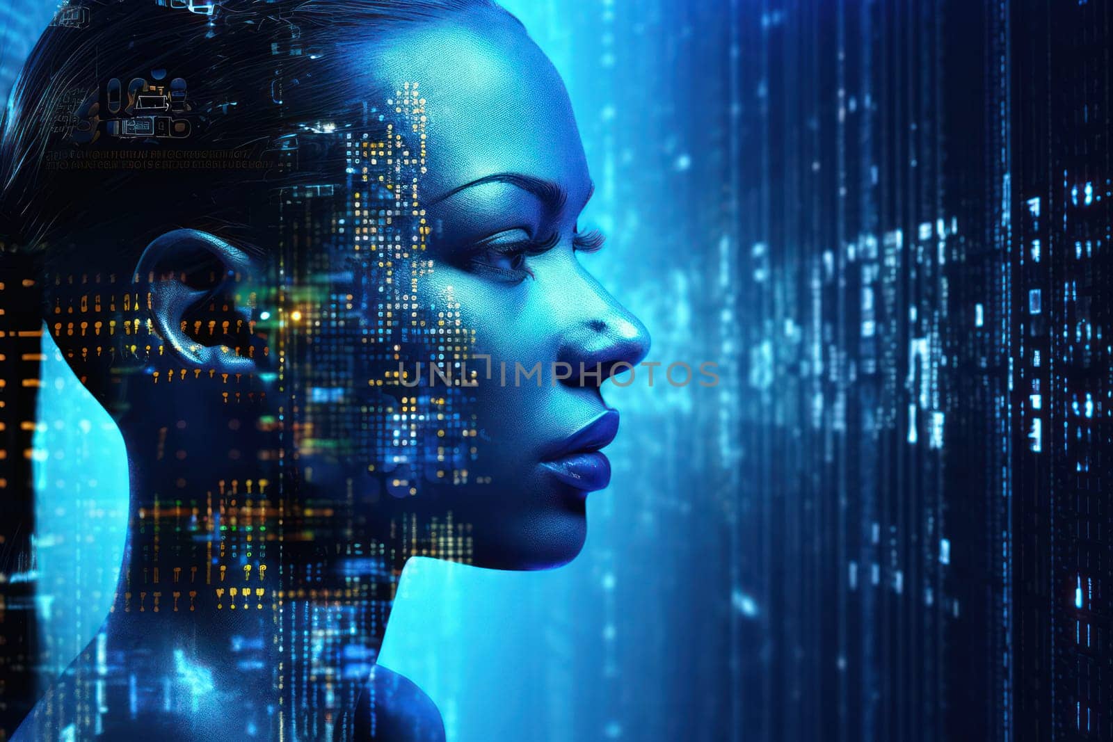 Futuristic Cyborg Connecting with Virtual Network - An Illustration of a Digital Woman with AI Interface by Vichizh