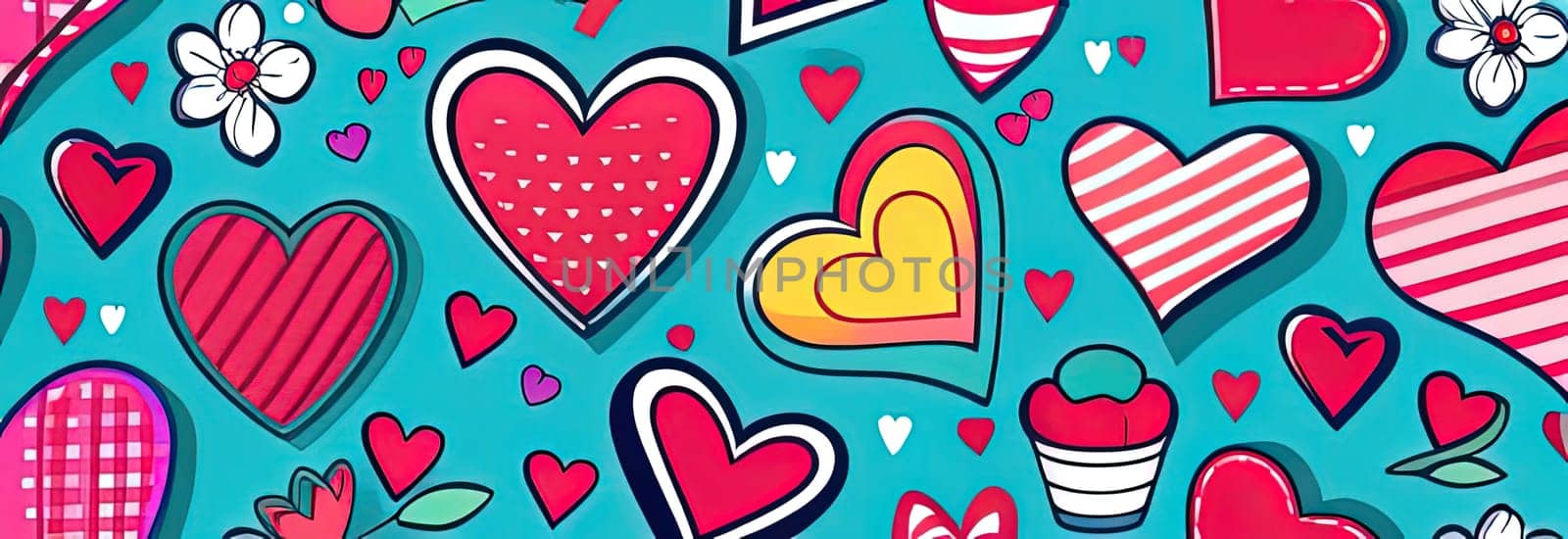 Valentines day flat abstract pink, yellow hearts pastel background banner. Perfect for Valentines Day card, romantic themed design, voucher, greeting card, wrapping paper. Concept love. Copy space