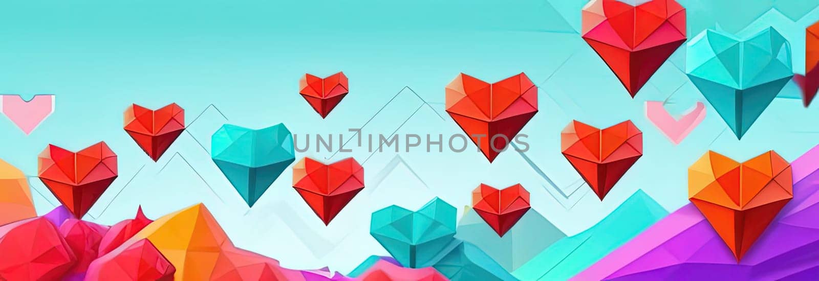 Valentines day polygonal abstract azure, red hearts pastel background banner. Perfect for Valentines Day card, romantic themed design, voucher, greeting card, wrapping paper. Concept love. Copy space