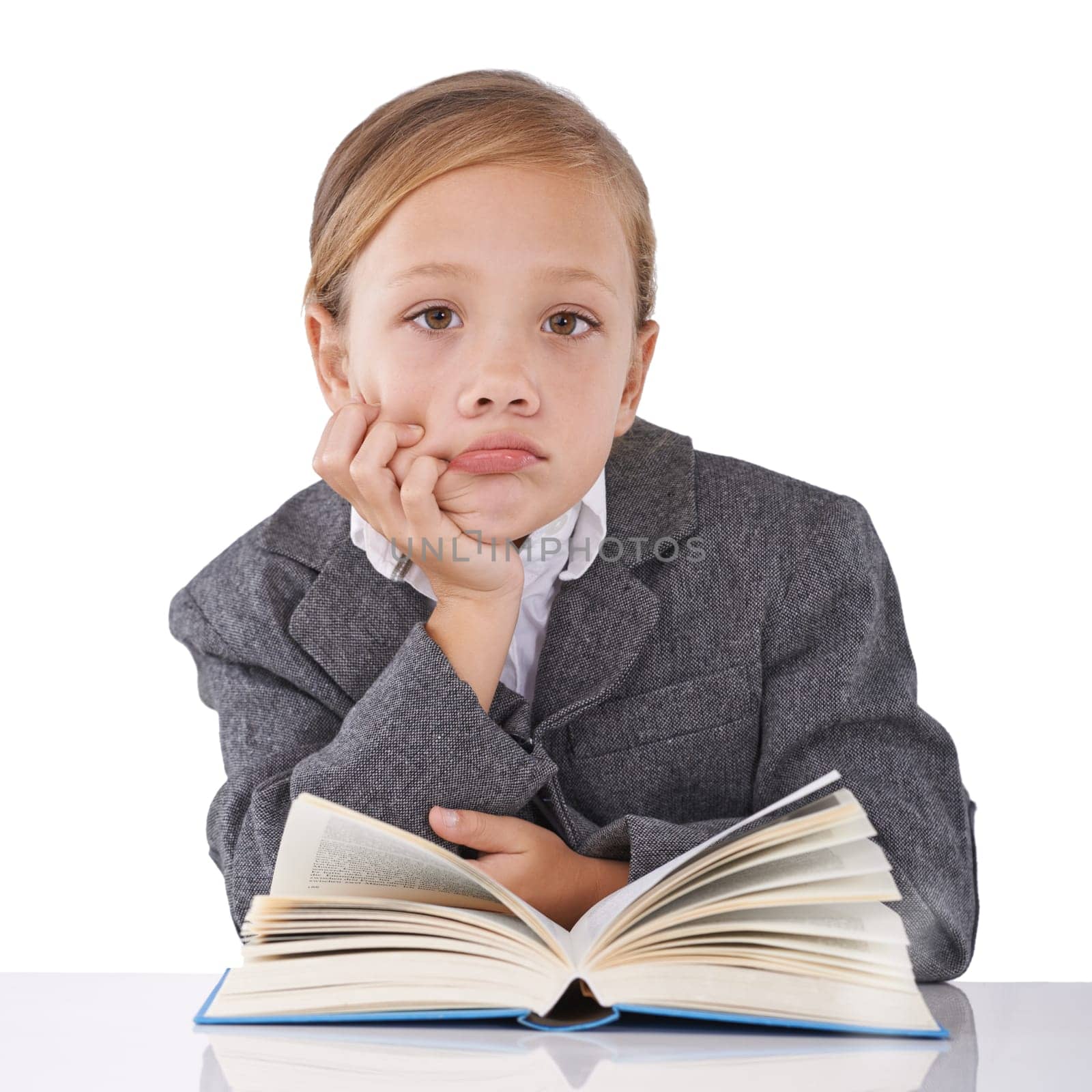 Girl, child and reading book for knowledge in portrait, learning and fiction novel on white background. Female person, studio and info for imagination development, education and studying literacy.