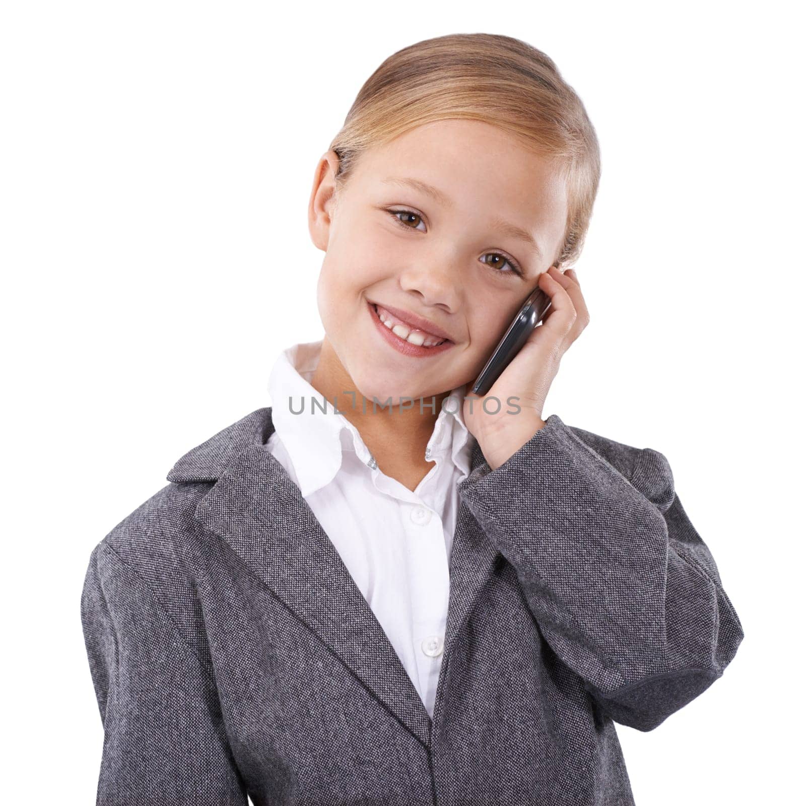 Business, phone call and child in studio portrait, networking and communication on white background. Female person, pretend professional and playing, consulting and connection on smartphone for news.