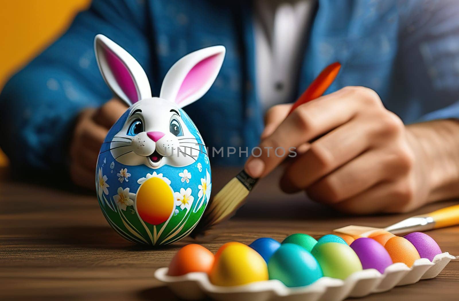 Preparation for Easter, creative home decoration. Child boy having fun and painting Easter eggs. Creativity concept.