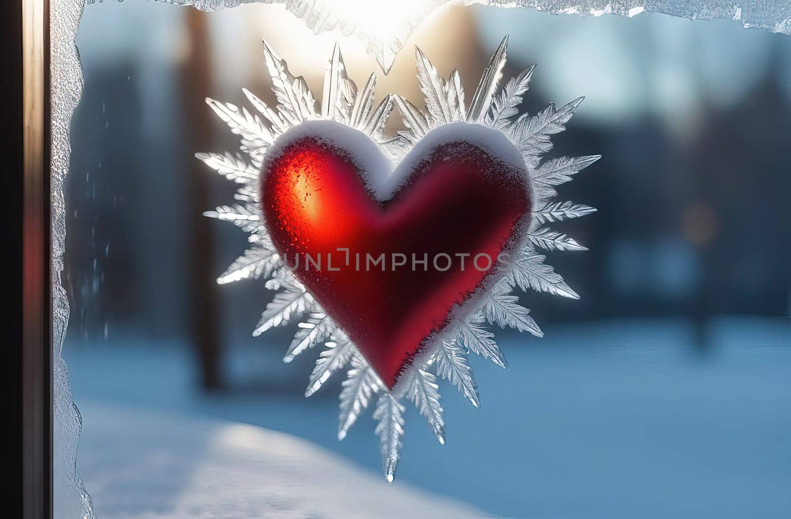 Valentines day red heart on frozen window with forest on background. Banner perfect for Valentines Day card, romantic themed design, voucher, greeting card, print. Concept love. Copy space