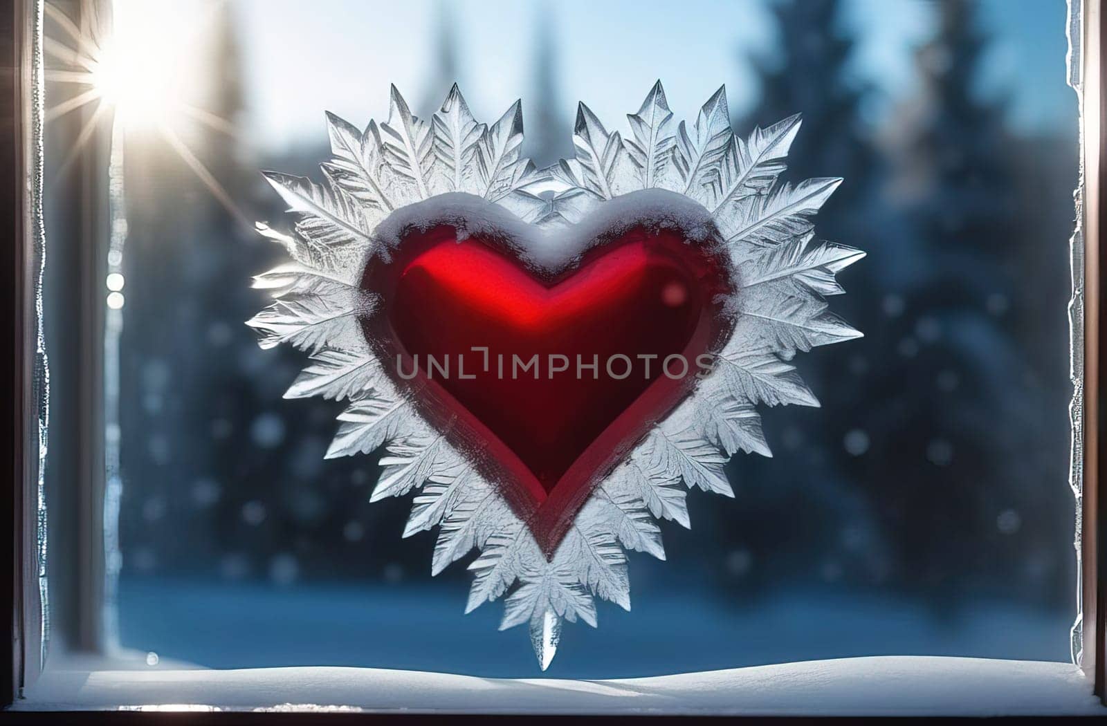 Valentines day red heart on frozen window with forest on background. Banner perfect for Valentines Day card, romantic themed design, voucher, greeting card, print. Concept love. Copy space. by Angelsmoon