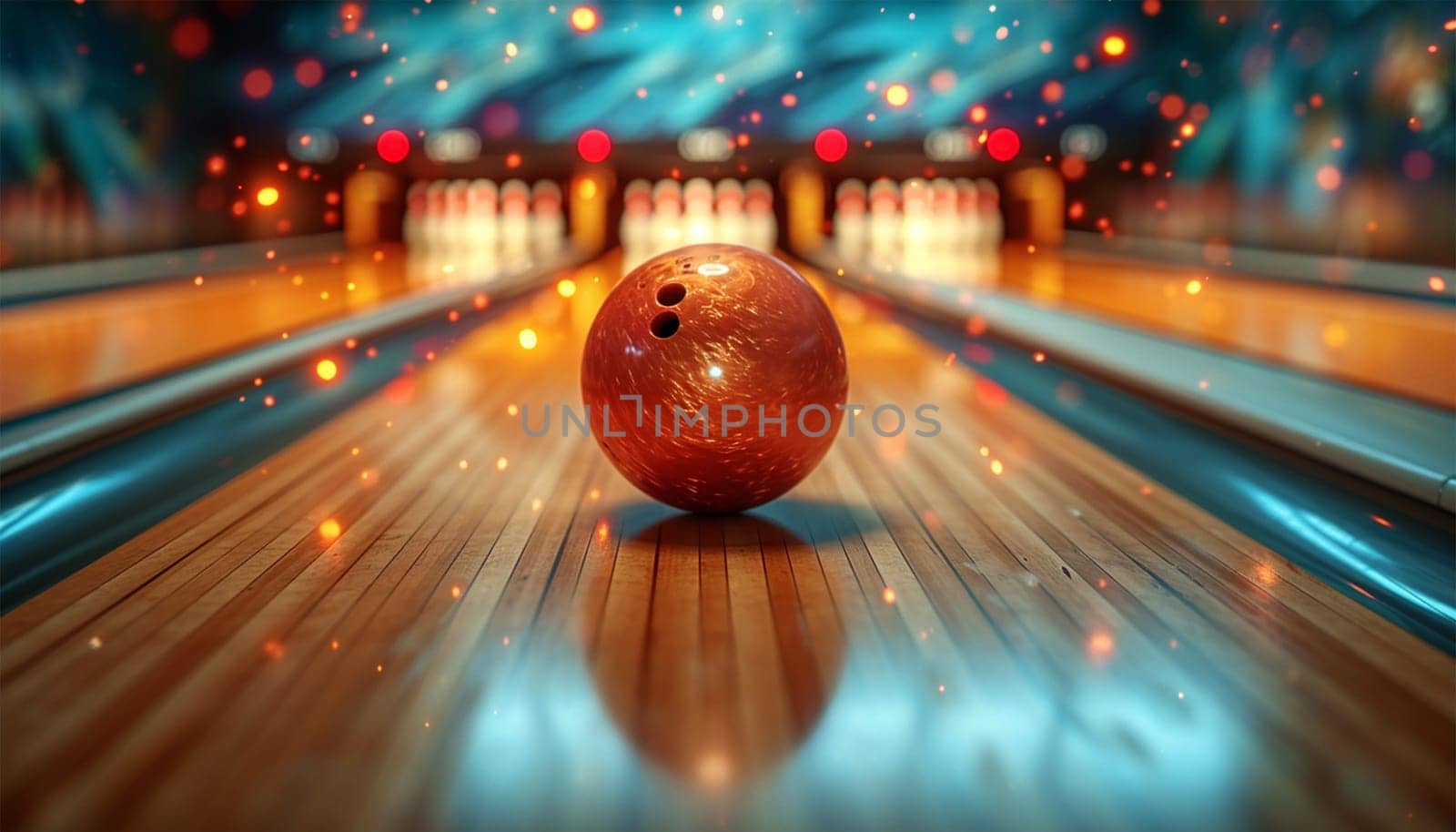 Bowling concept. Colorful Red Bowling Ball on wooden track crashing into the pins on bowling alley line. Illustration of bowling strike. Sport competition or Tournament. colorful