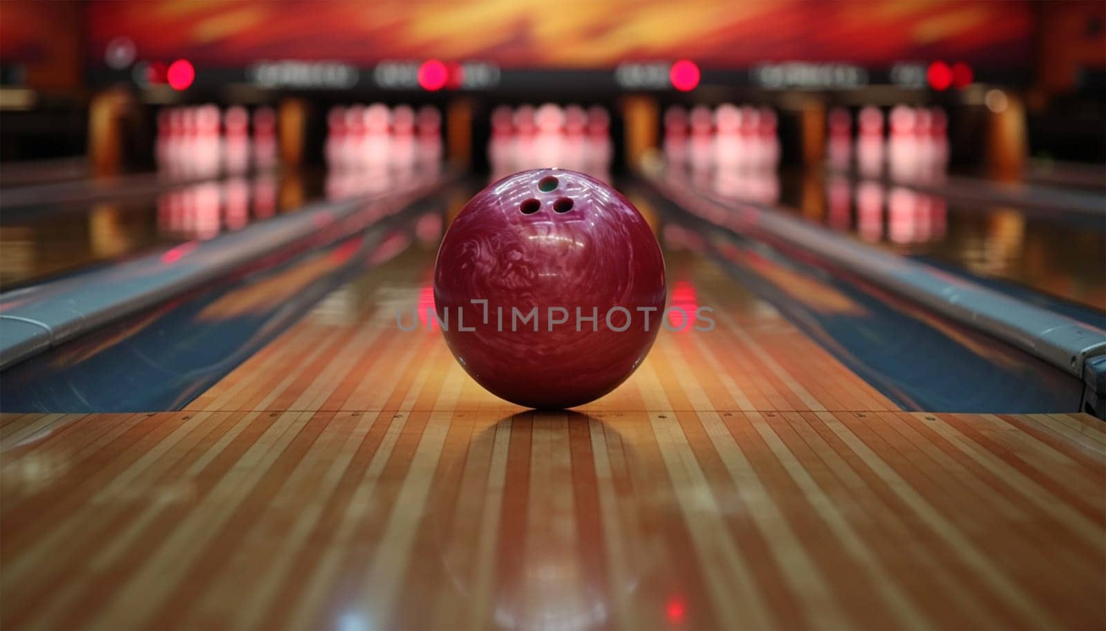 Bowling concept. Colorful Red Bowling Ball on wooden track crashing into the pins on bowling alley line. Illustration of bowling strike. Sport competition or Tournament. colorful