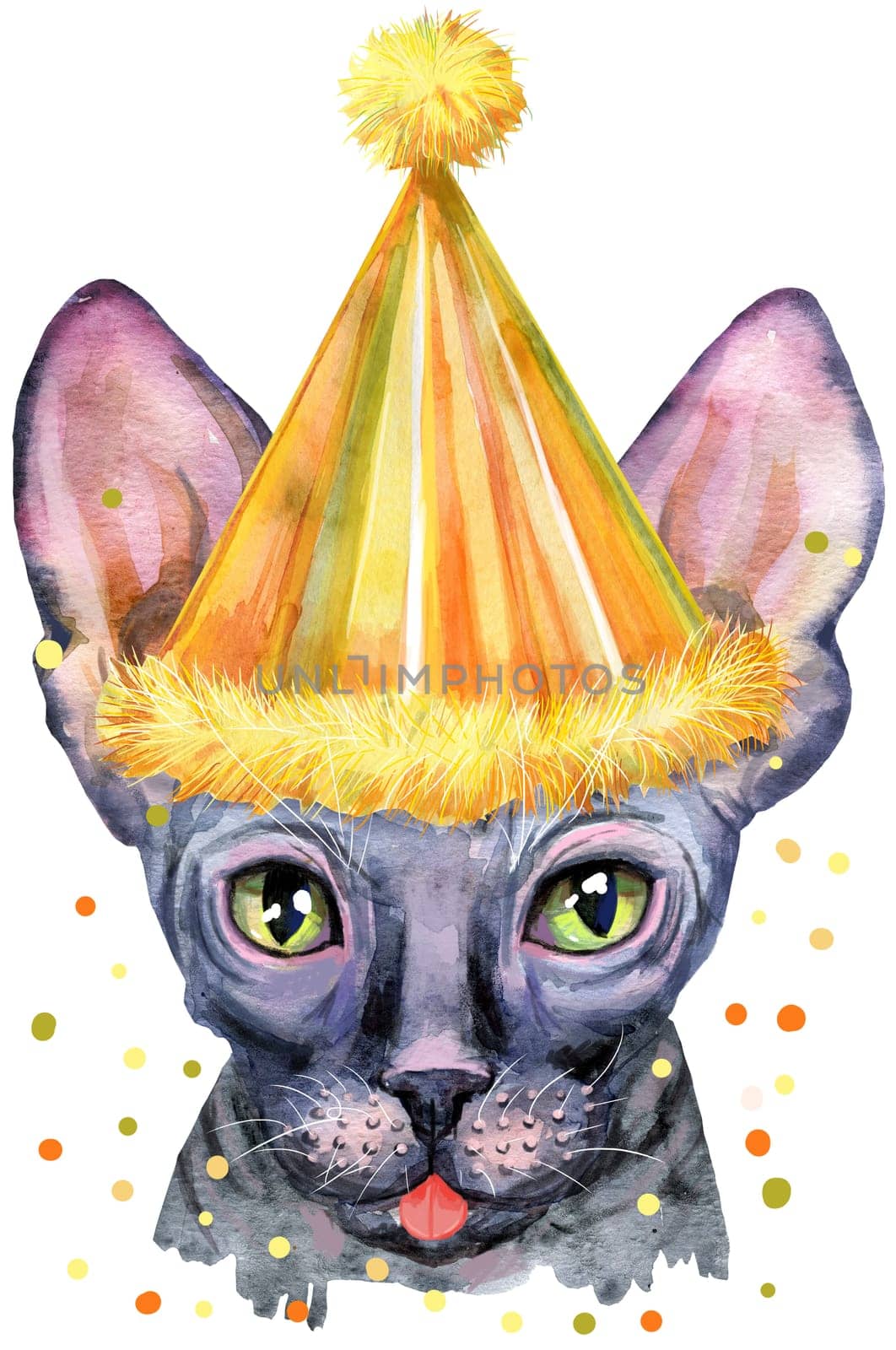 Cute cat in party hat. Cat for t-shirt graphics. Watercolor Sphynx cat breed illustration