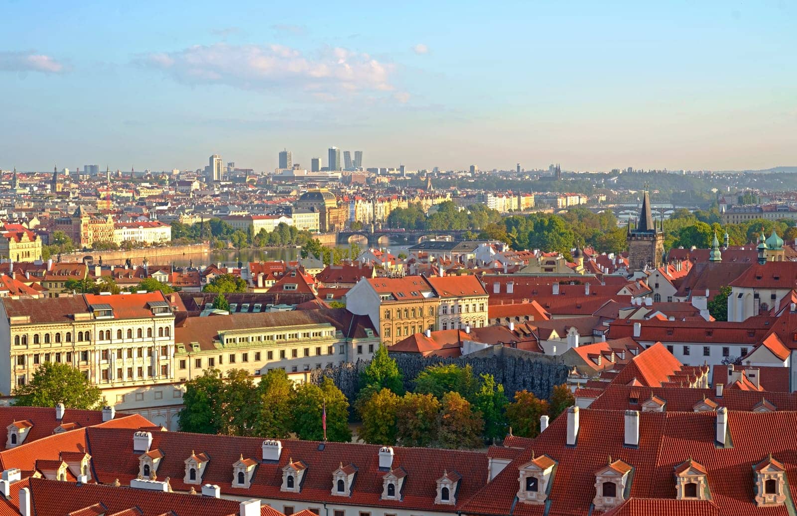 PRAGUE, CZECH REPUBLIC red roof of Prague Castle. Old town of Prague. Prague panorama landscape view with red roofs. Prague view from Petrin Hill, Prague, Czechia. by aprilphoto