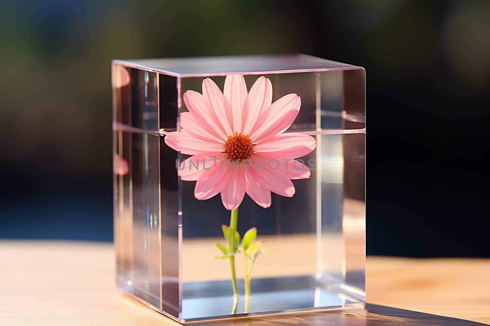 A flower in a glass cube on a blur background.