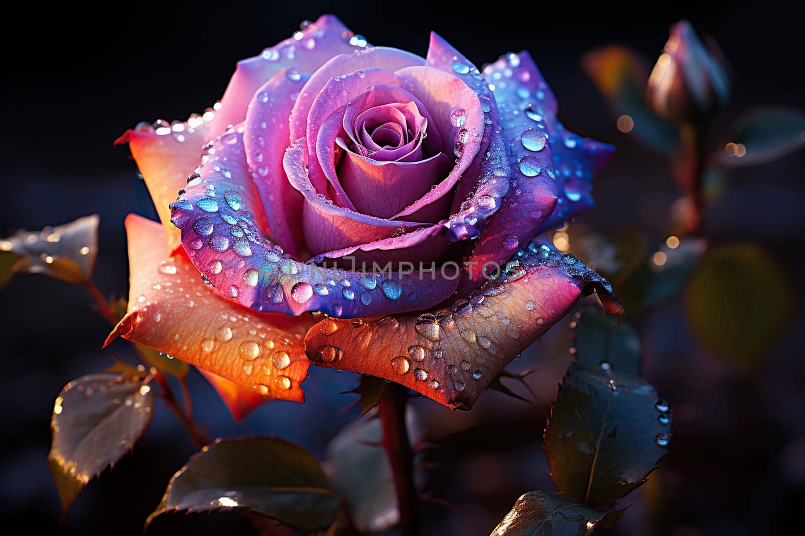 A beautiful rose with large drops of water on the petals in dramatic lighting. Generated by artificial intelligence by Vovmar