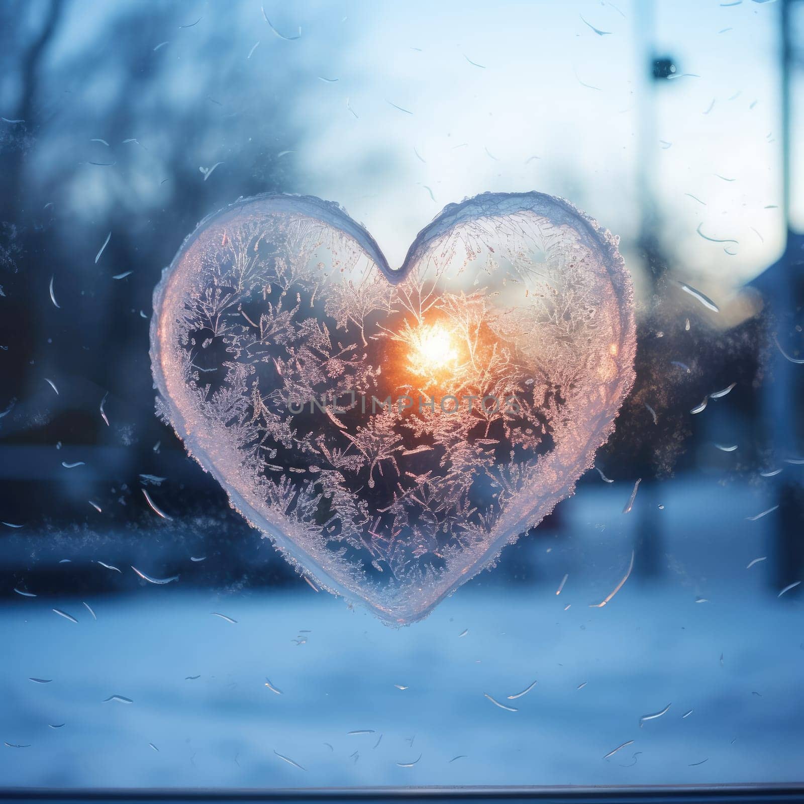 Valentines day transparent heart on frozen window with forest on background. Banner perfect for Valentines Day card, romantic themed design, voucher, greeting card, print. Concept love. Copy space