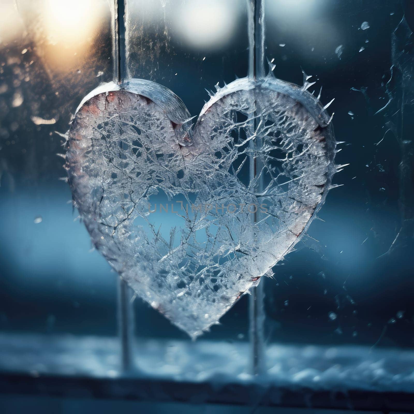 Valentines day transparent heart on frozen window with forest on background. Banner perfect for Valentines Day card, romantic themed design, voucher, greeting card, print. Concept love. Copy space. by Angelsmoon