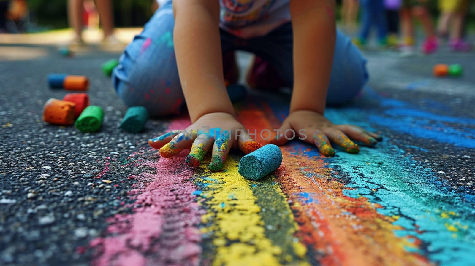 The child draws a house and a rainbow on the asphalt with chalk. Selective focus. Generative AI, by mila1784