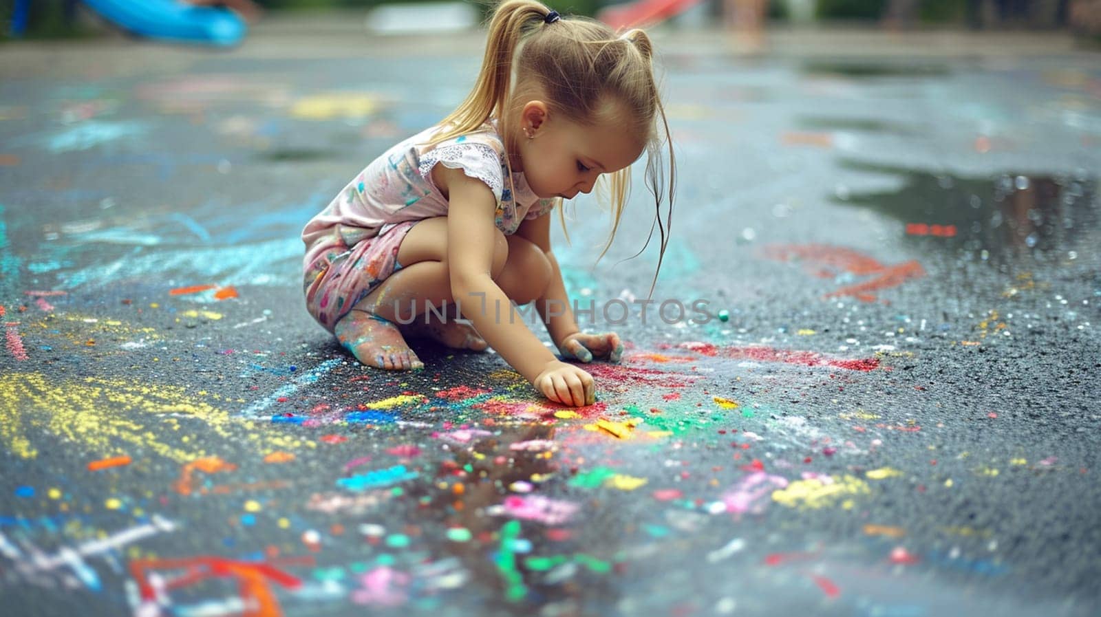 The child draws a house and a rainbow on the asphalt with chalk. Selective focus. Generative AI, by mila1784