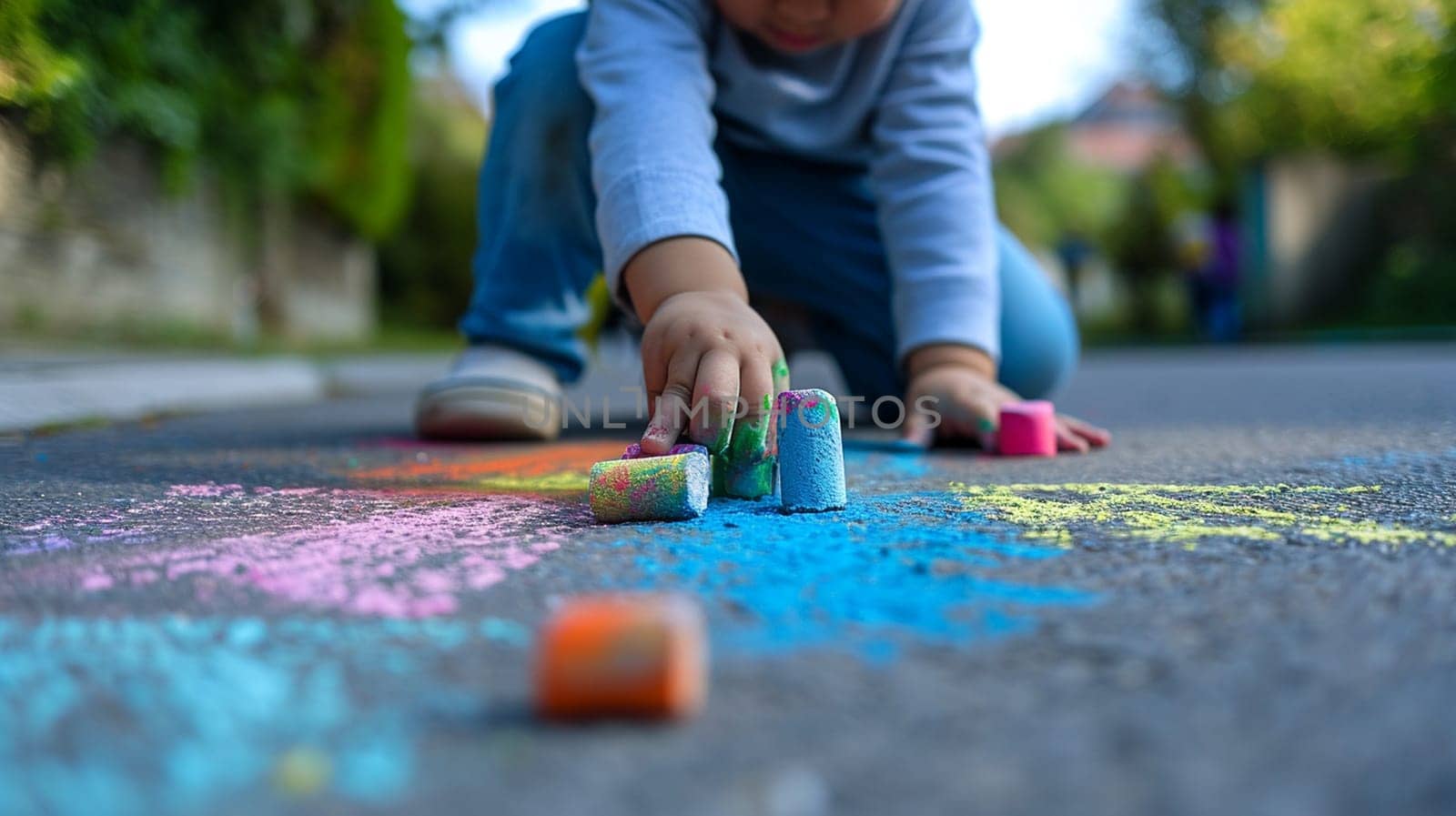 The child draws a house and a rainbow on the asphalt with chalk. Selective focus. Generative AI, by mila1784