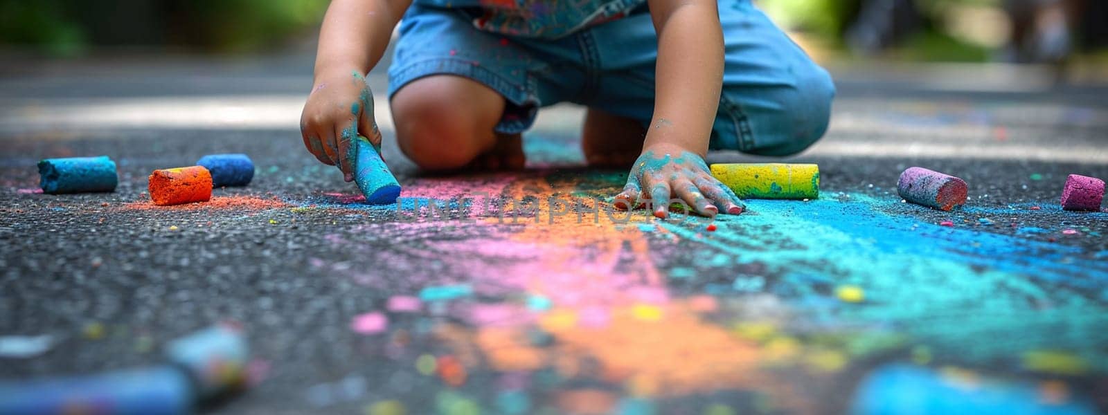 The child draws a house and a rainbow on the asphalt with chalk. Selective focus. Kids. Generative AI,