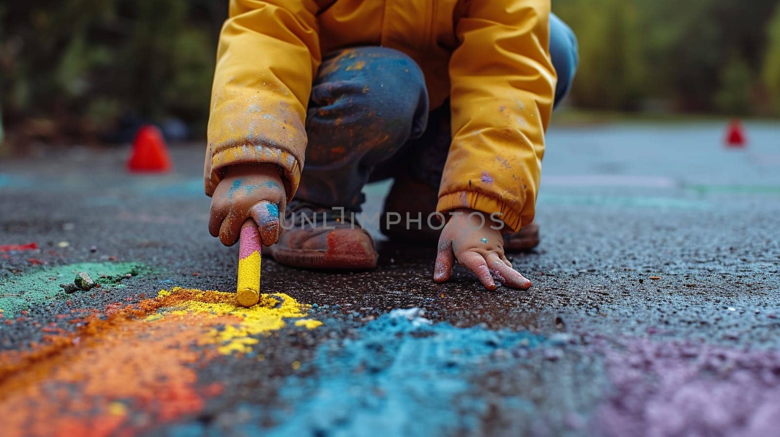 The child draws a house and a rainbow on the asphalt with chalk. Selective focus. Generative AI, by mila1784