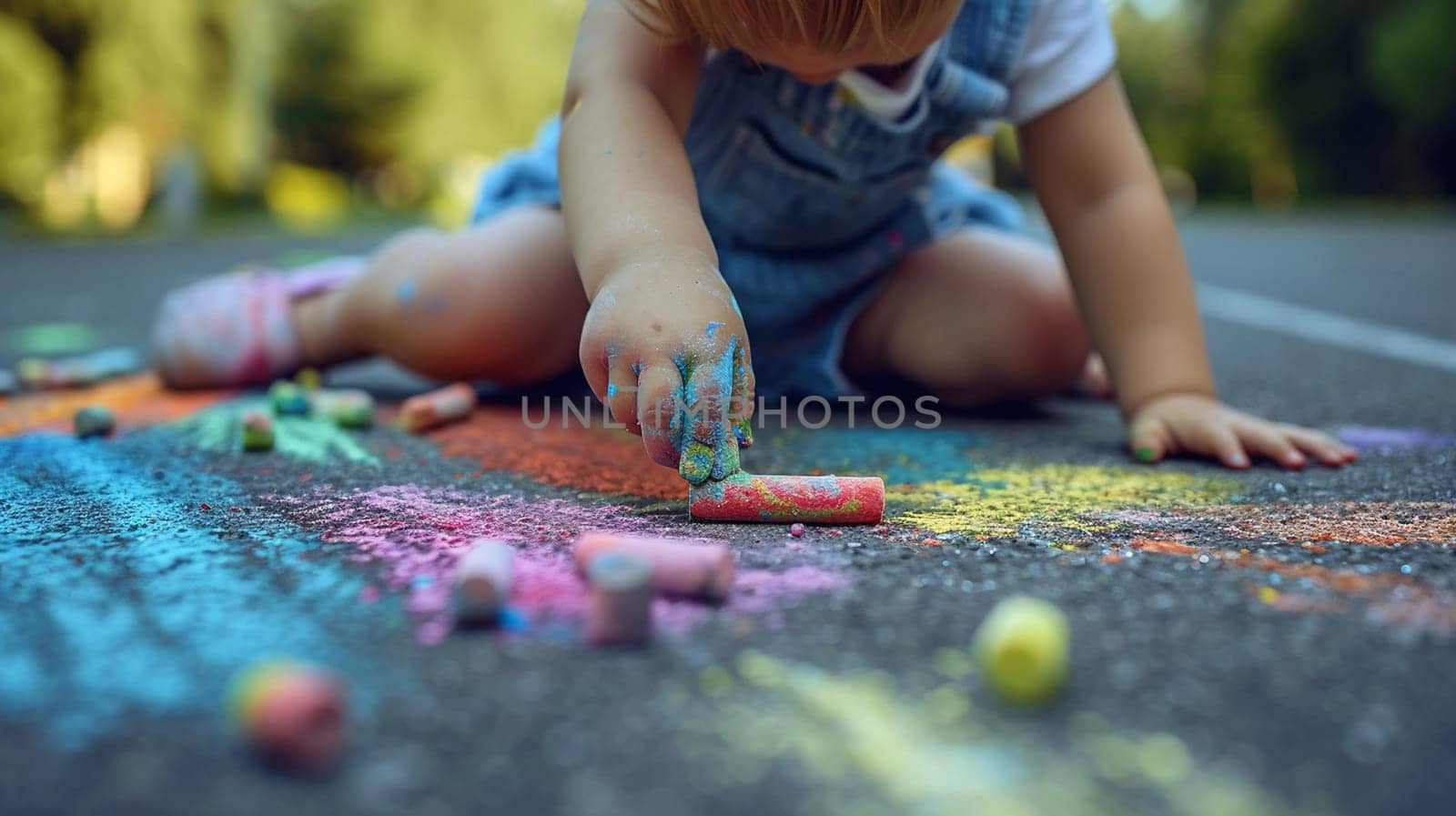 The child draws a house and a rainbow on the asphalt with chalk. Selective focus. Generative AI, by mila1784