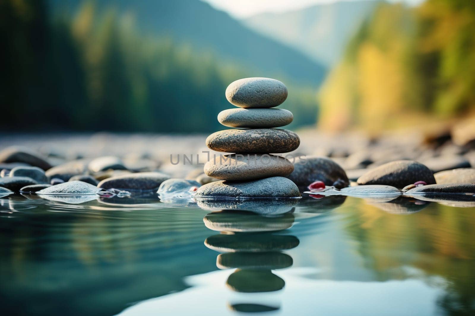 A stack of smooth stones on the shore of a lake or river. Generative AI by Vovmar