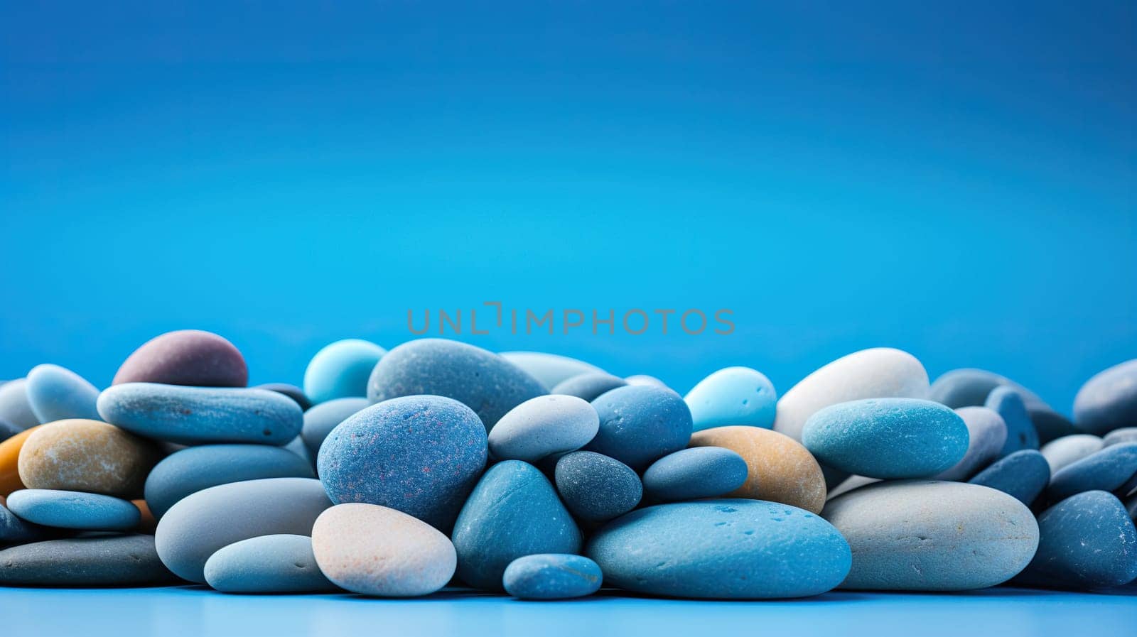 Smooth oval colored stones on a blue background. Generative AI by Vovmar