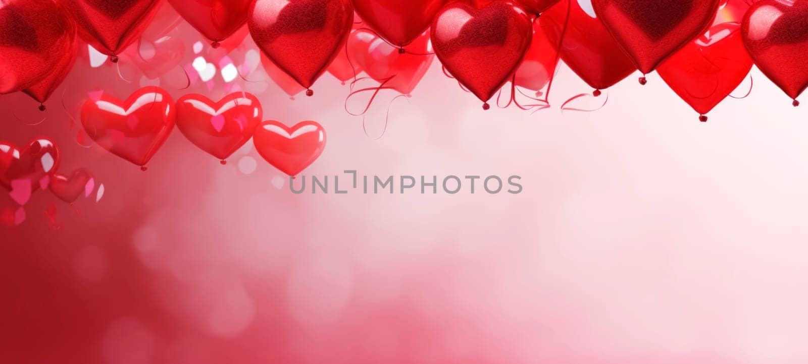 Luminous red heart-shaped balloons overlapping and floating over a soft pink background, creating a festive and romantic mood.