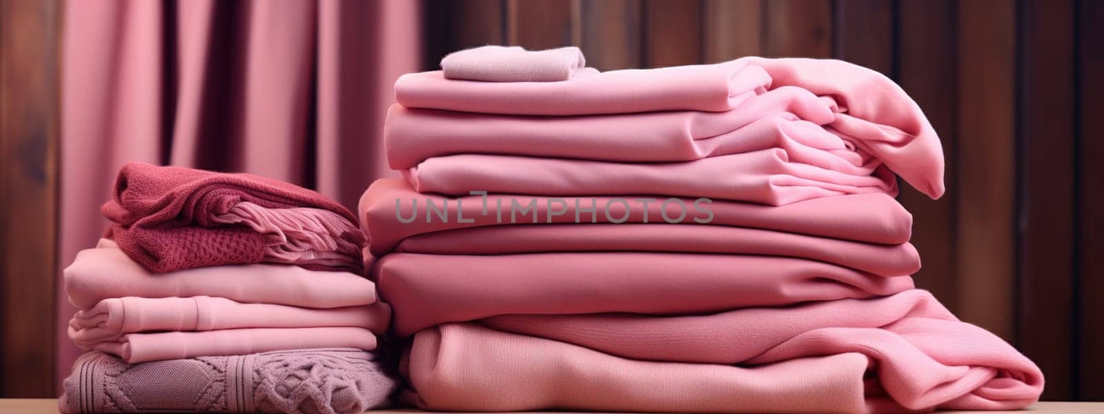 large stacks of peach colored clothes on a delicate background in designer clothing store, Weekly capsule concept, overproduction, trendy peach color of the year 2024, High quality photo