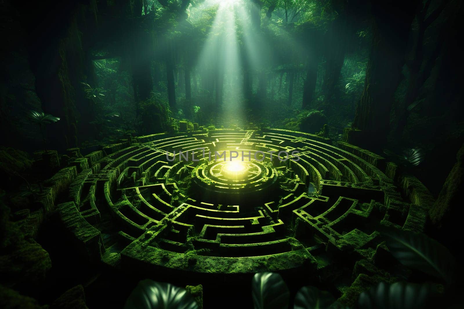 Green labyrinth with a light source in the center. Generative AI by Vovmar