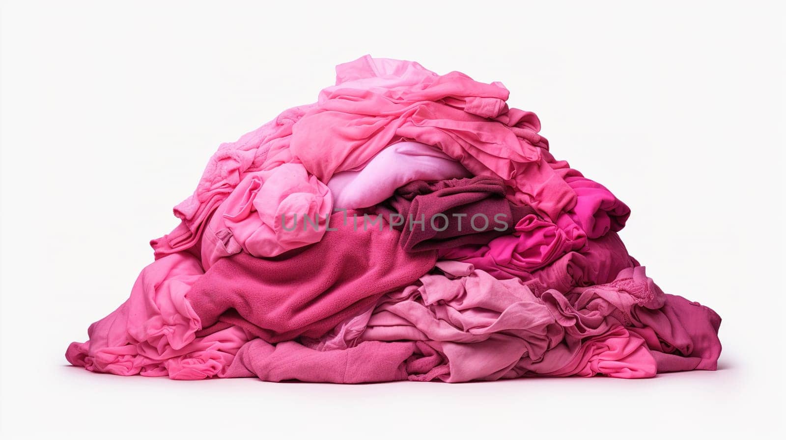 large stacks of pink colored clothes isolated on white background,sorted by color for gentle washing,used clothes,overproduction,trendy colors, High qualitu photo