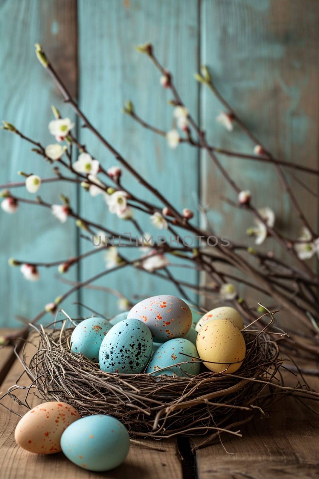 Happy Easter card and eggs. Selective focus. holiday Generative AI,