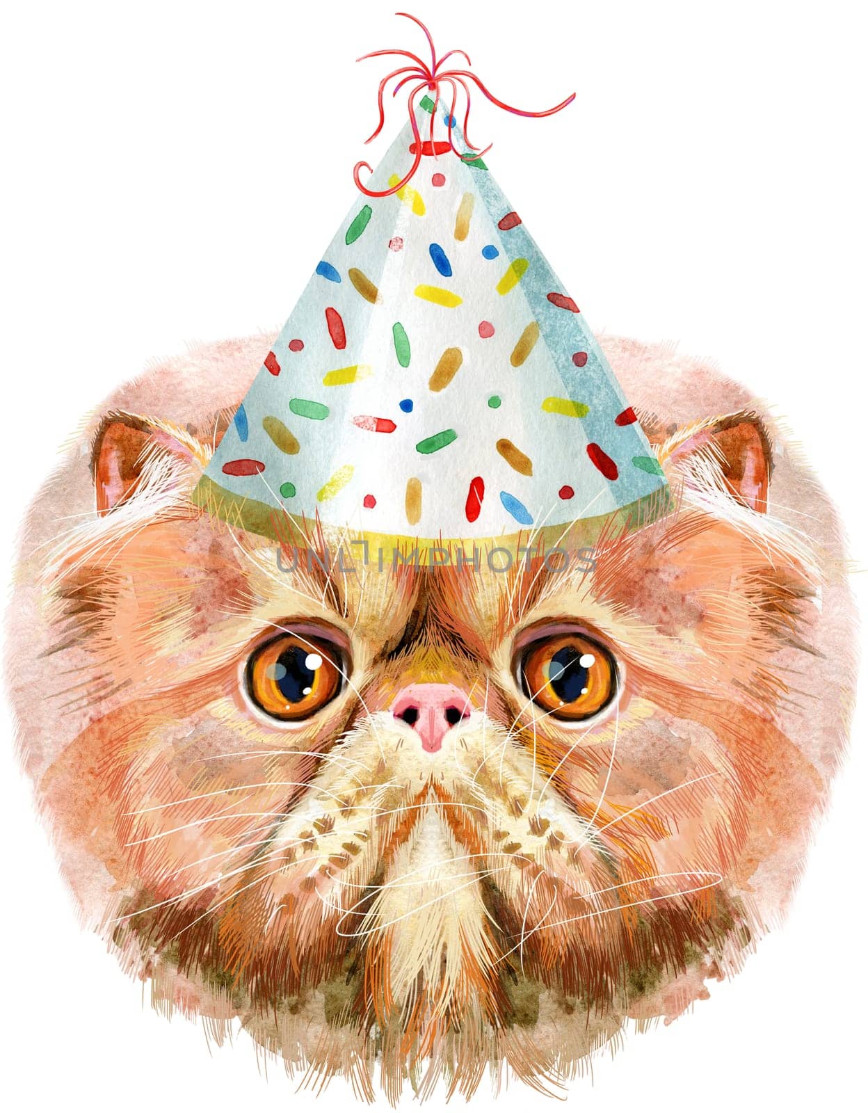 Cute cat in party hat. Cat for t-shirt graphics. Watercolor Exotic Shorthair cat breed illustration