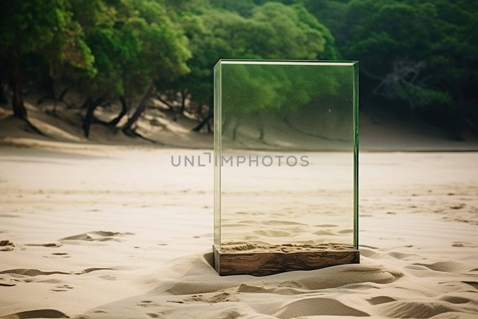 Glass cube on the sand. Search for meaning. Generative AI by Vovmar