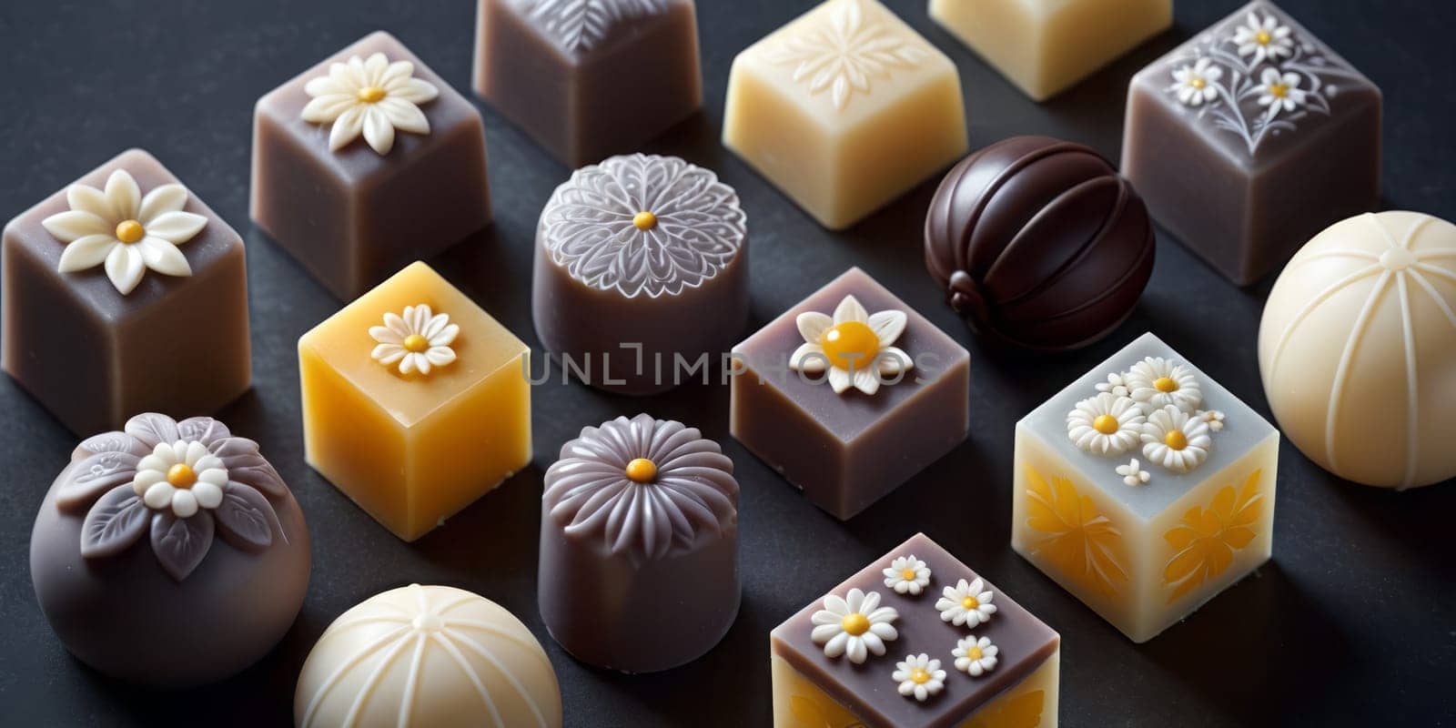 An assortment of beautifully crafted chocolates on a dark surface. Each chocolate piece is distinct, featuring different shapes, colors, and decorative toppings. Some chocolates are square-shaped with floral designs on top, while others are round with similar intricate patterns. The colors of the chocolates vary from dark brown, milk chocolate brown to white and yellowish hues. Decorative elements like flowers and intricate patterns are visible on the surface of several chocolates, adding to their aesthetic appeal. The overall presentation is elegant and suggests these are gourmet or artisanal chocolates. Generative AI