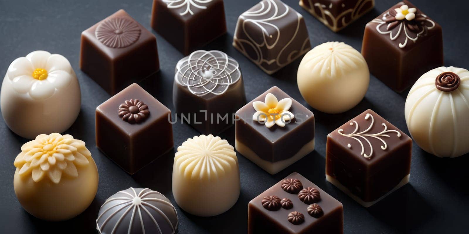 Intricate Chocolates with Floral Toppings on a Dark Surface by nkotlyar