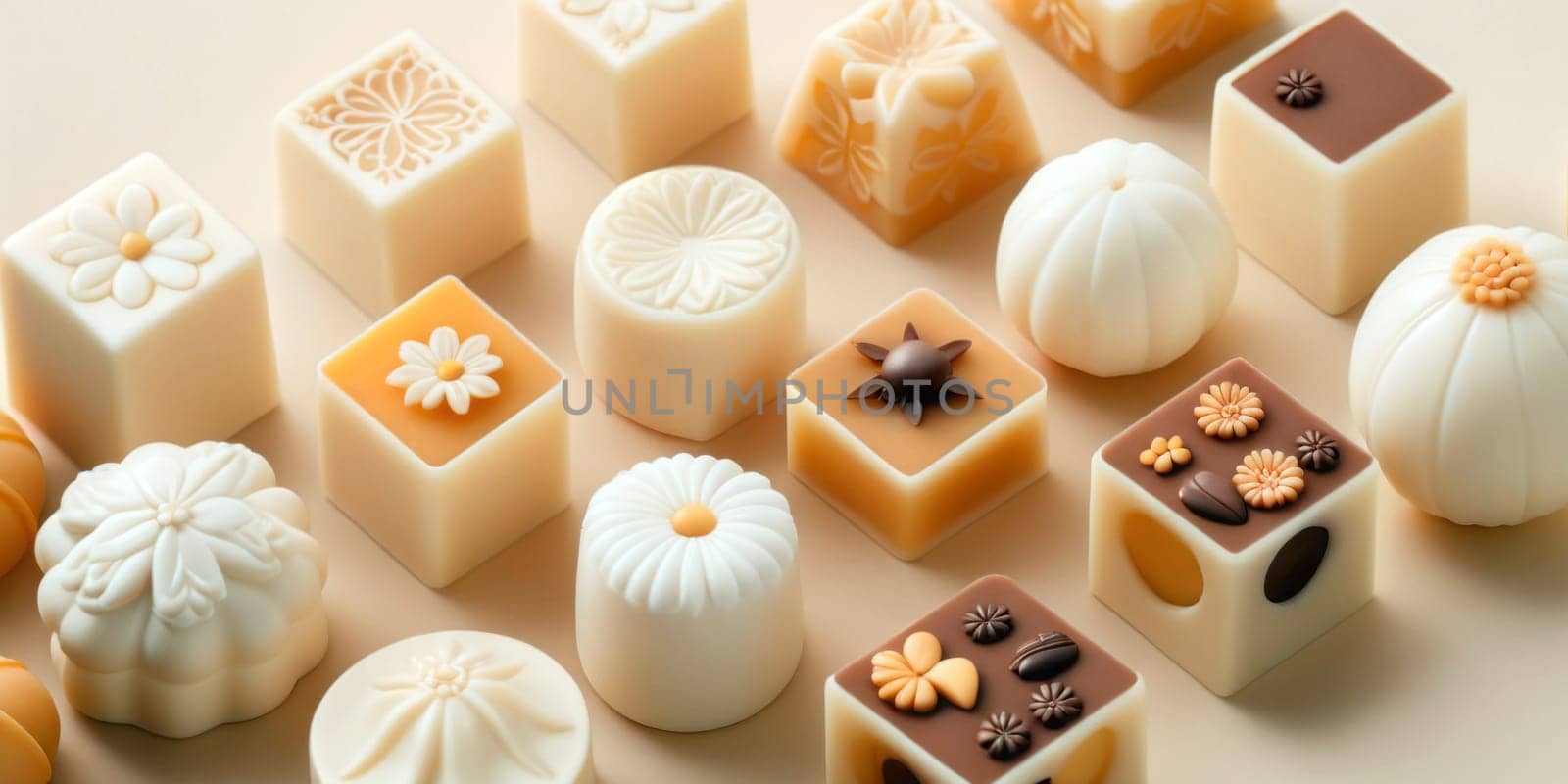 A collection of intricately designed chocolates on a light beige background. Each chocolate piece is distinct, showcasing various shapes, sizes, and toppings. Some chocolates are square with designs like flowers and stars embedded on top, while others are round and resemble decorative ornaments. The color palette ranges from white chocolate to milk and dark chocolate, offering visual diversity. Toppings include detailed flower designs, star shapes, and other decorative elements that add texture and visual interest to the chocolates. Generative AI.