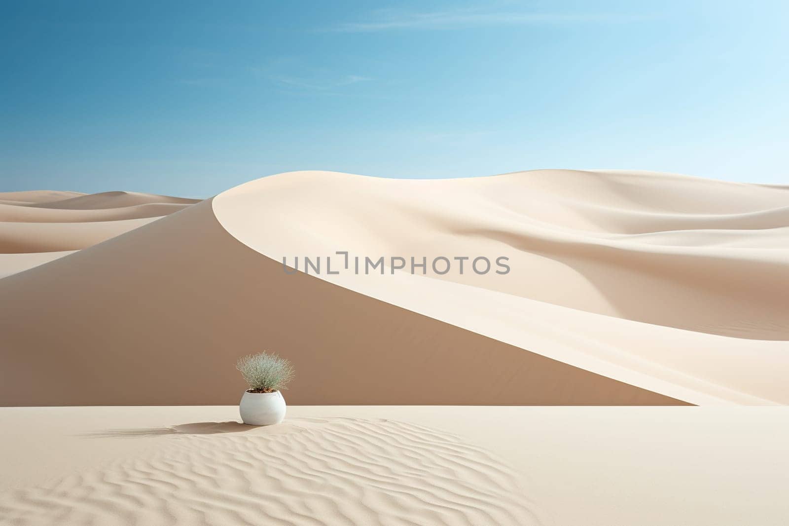 White vase with a dry plant in the middle of the desert dunes. Generative AI by Vovmar