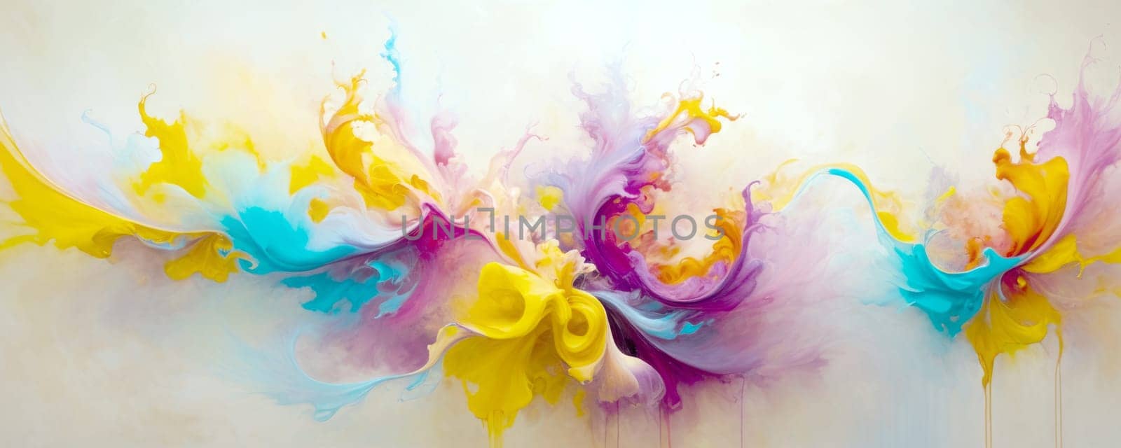 An abstract explosion of vibrant colors against a light background. Swirls of yellow, blue, pink, and purple paint appear to be in motion, creating a dynamic and fluid visual effect. The colors are bright and saturated, giving the artwork a lively and energetic feel. There are no distinct shapes or objects. Instead, the focus is on the interplay of colors and forms. The composition is balanced with bursts of color spreading outward from the center. Generative AI