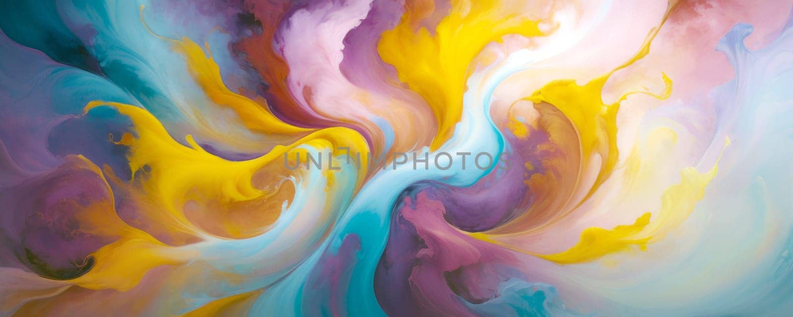 An abstract mix of swirling colors on a light background. The colors include shades of yellow, blue, purple, and pink that blend seamlessly into each other, creating a dynamic and fluid visual effect. The swirl gives a sense of movement and energy, as if the colors are in motion. There is no distinct shape or object, instead, the focus is on the interplay of colors and forms. The image has a vibrant and lively mood due to the bright color palette. Generative AI