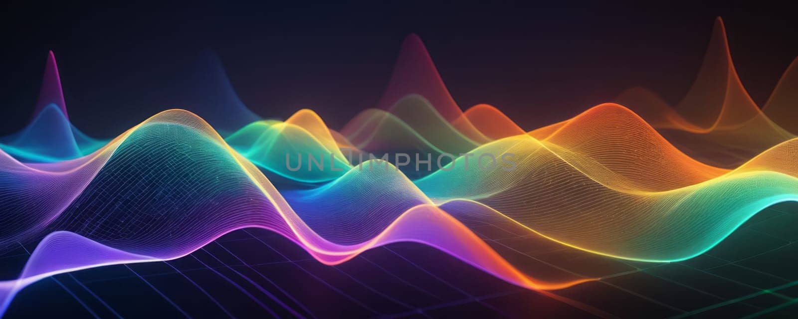 The image presents a dynamic and colorful digital waveform. It features multiple peaks and troughs, creating a rhythmic pattern. The waves are illuminated with gradient colors, including shades of blue, green, yellow, orange, and purple, and each wave is outlined with a bright hue that accentuates its shape against the dark background. The overall mood of the image is energetic and vibrant due to the bright colors and dynamic shapes. Generative AI
