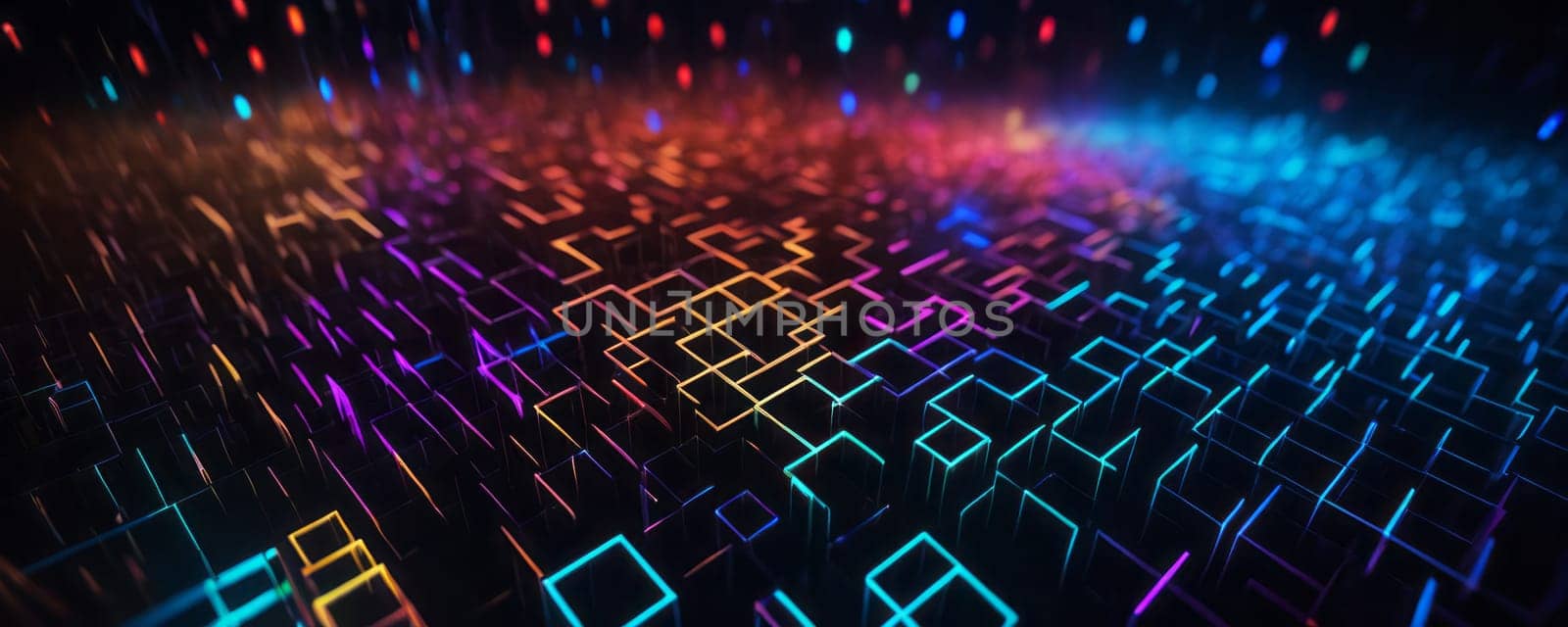 The image displays a dynamic and colorful digital landscape made of geometric shapes, specifically squares and rectangles. The shapes are outlined, creating a grid-like pattern across the image. There is a vibrant mix of colors including blue, red, purple, and yellow illuminating the outlines of the shapes. The colors create a gradient effect from one side of the image to the other, giving depth and dimension to the scene. Generative AI