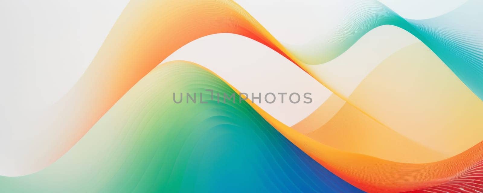 The image features abstract, colorful waves that flow smoothly across the canvas. The waves are composed of gradients of colors including green, orange, blue, and white. The design is sleek and modern with a sense of fluid motion conveyed by the overlapping layers of color. There is a harmonious blend of colors creating a visually pleasing aesthetic. Generative AI