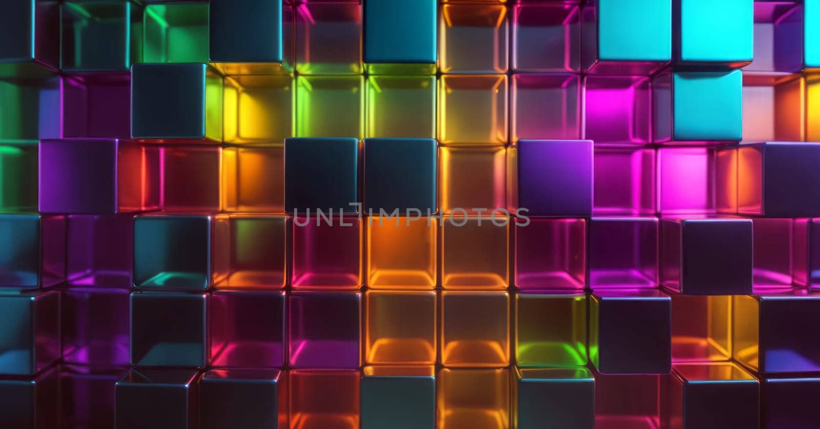 The image displays a series of colorful, illuminated cubes arranged next to each other. Each cube glows with a different color, including shades of blue, green, yellow, orange, red, and purple. The lighting creates a reflective surface on the cubes giving them a glossy appearance. The colors are vibrant and create a visually stimulating pattern across the entire image. Generative AI